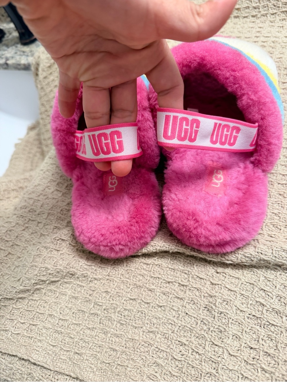 UGG Multicolor Plush Rainbow Shearling Slide Slippers - Pink Blue Yellow Cream - Picture 4 of 7